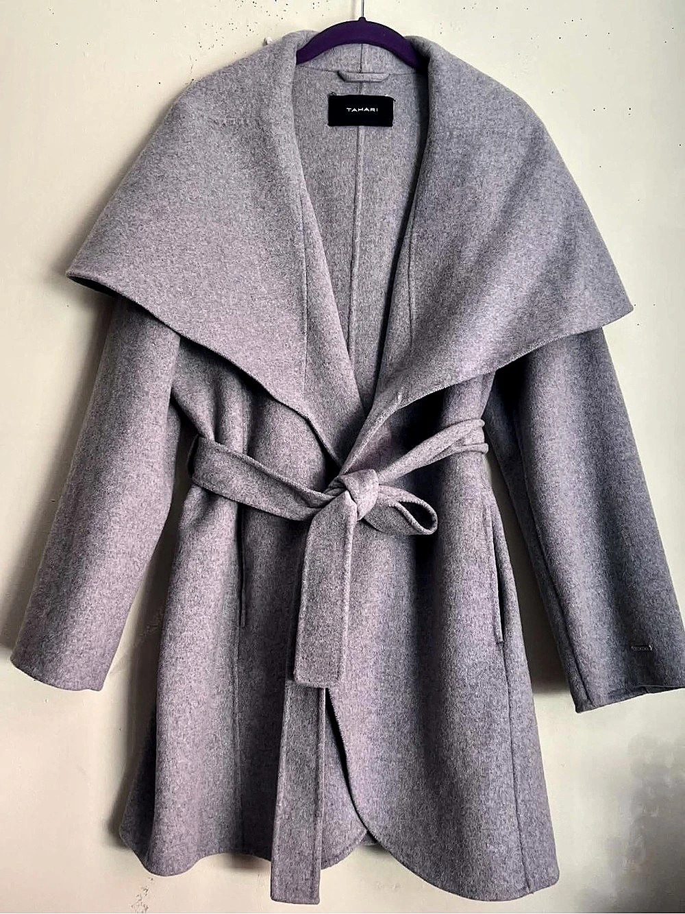 Tahari Gray Wool Blend Belted Cape Coat